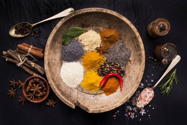 Vintage wooden plate full of colorful spices and ingredients