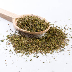 Thyme herb in wooden spoon isolated on white background
