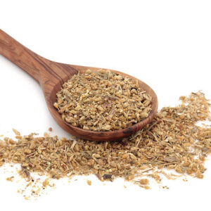 Yarrow herb in an olive wood spoon over white background.