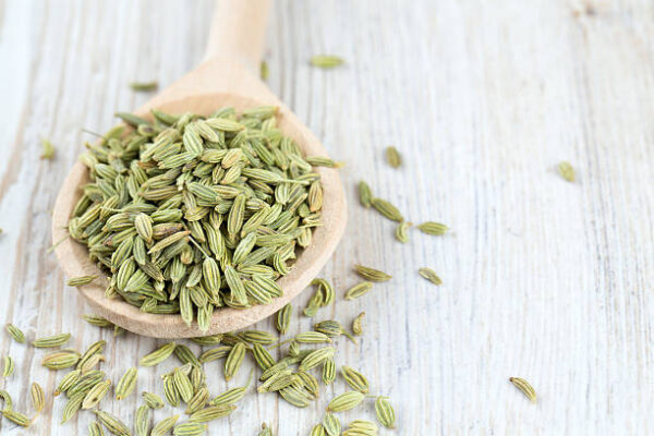 Fennel seed in a wooden spoon on table