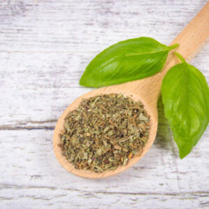 Fresh and dried basil, herbs and spices. healthy eating concept.