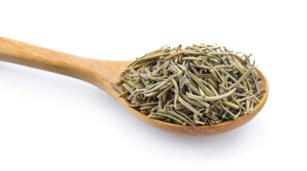 Dried rosemary leaves in wooden spoon over white background